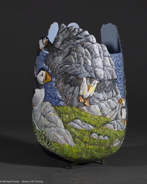 Elliston-  Cherry 6.75&rdquo;D, 10&rdquo; H with 1/4 &ldquo; relief carved wall thickness
Acrylics.-----Not for sale