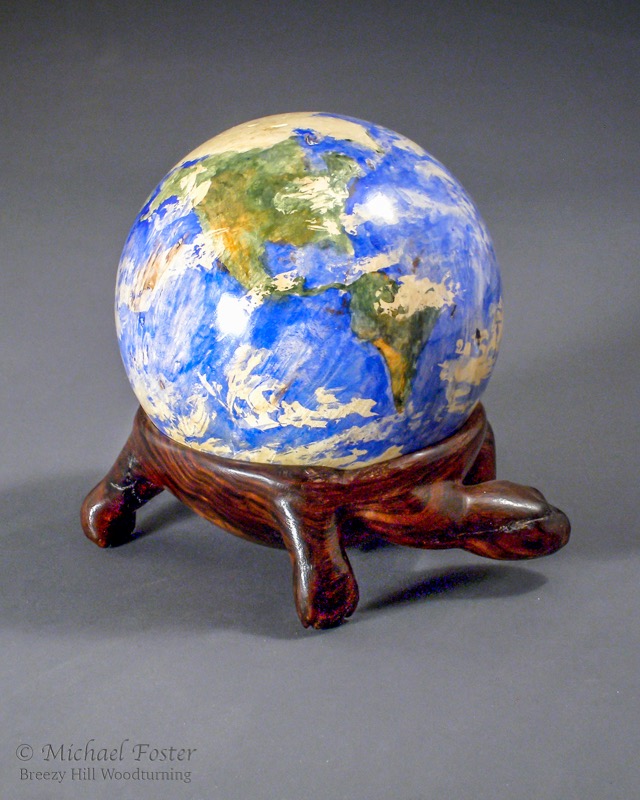 Ganyadeh-   Ispired by Native American creation myths<br>Turtle- Desert Ironwood, Globe- bleached maple burl, acrylic, lacquer----SOLD
