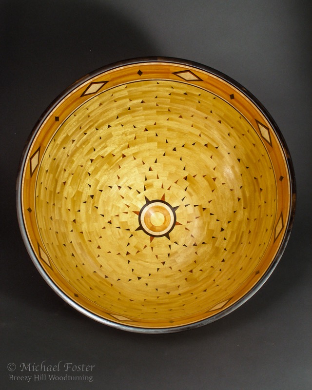 Fibonacci Sunburst-   Chakte Viga, Pao Amarillo, Bloodwood, Ebony and Curly Maple, 17h x 18