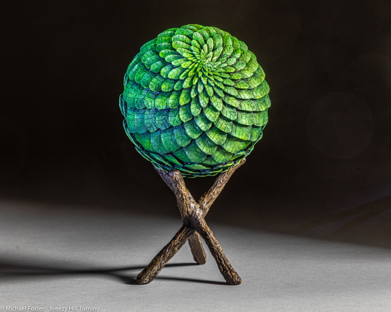 Fibonacci Sphere- a sphere carved with leaves in a fibonacci layout----- Sold