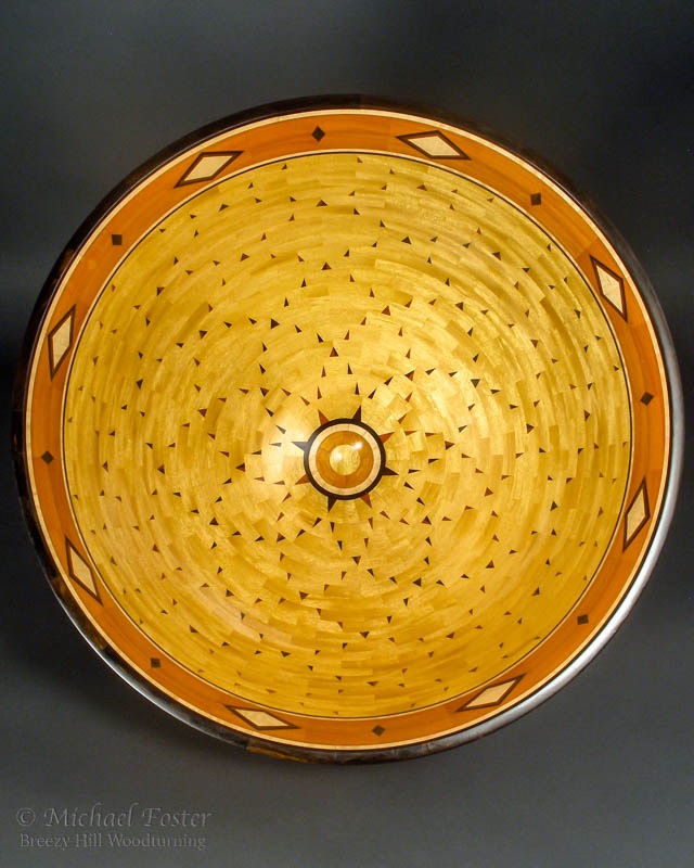 Fibonacci Sunburst-   Chakte Viga, Pao Amarillo, Bloodwood, Ebony and Curly Maple, 17h x 18