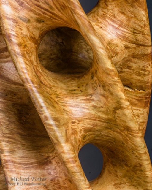 Scherk Tower V-   Detail View.  Box Elder Burl, dyes, Waterlox.  3