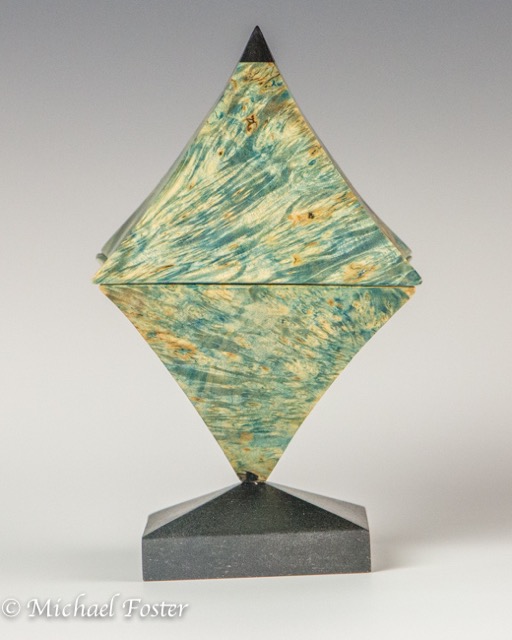 Octahedron II-   Box Elder Burl, Ebony, Colored Epoxy, Lacquer, 7