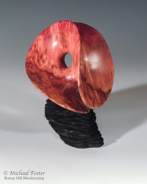 Crossing Tunnels-   Spalted Tasmanian Rose Myrtle Burl, 5&rdquo; x 5&rdquo; x 6.5&rdquo;, Bush Oil, Base is maple with leather dye.----SOLD