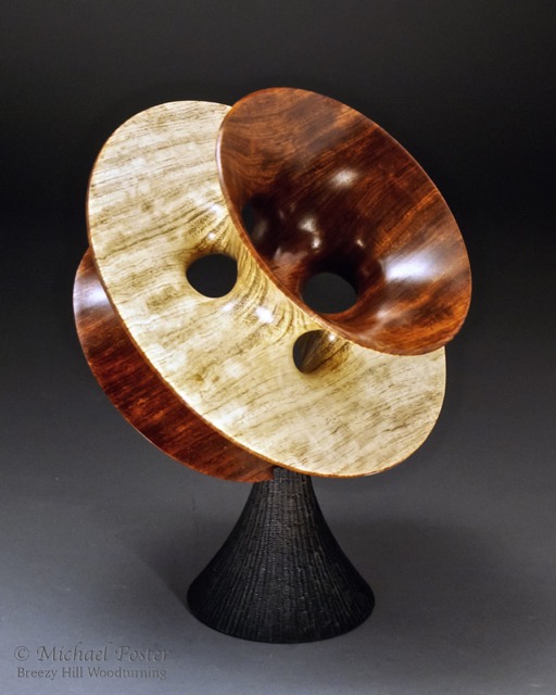 Costa Hoffman Meeks-   Bubinga, bleached on one side, lacquer.  9&rdquo;D x 6&rdquo;H.  Branded and ebonized maple base.----SOLD